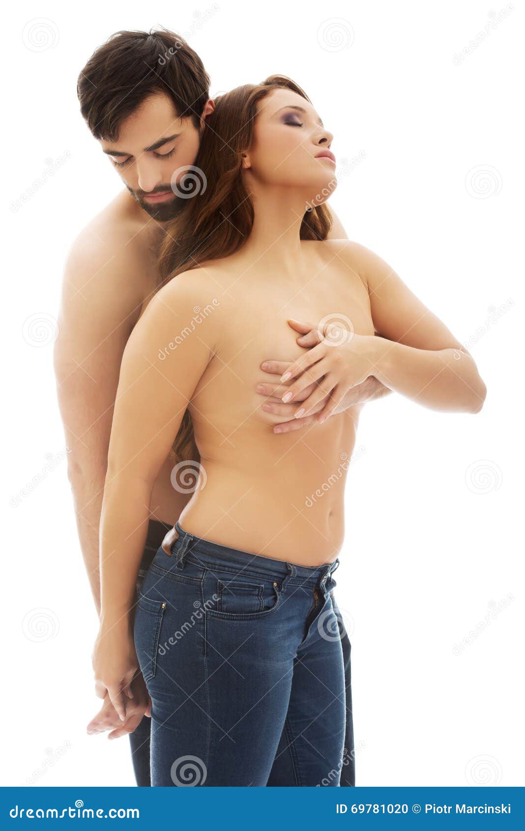 Men kissing women breast