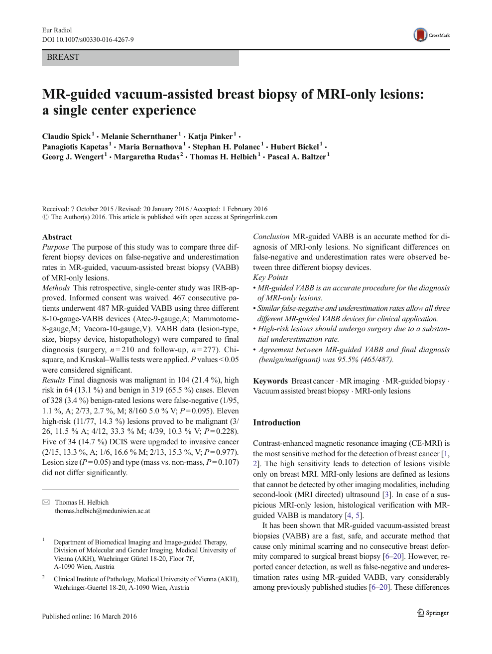 Breast lesions detected by mri