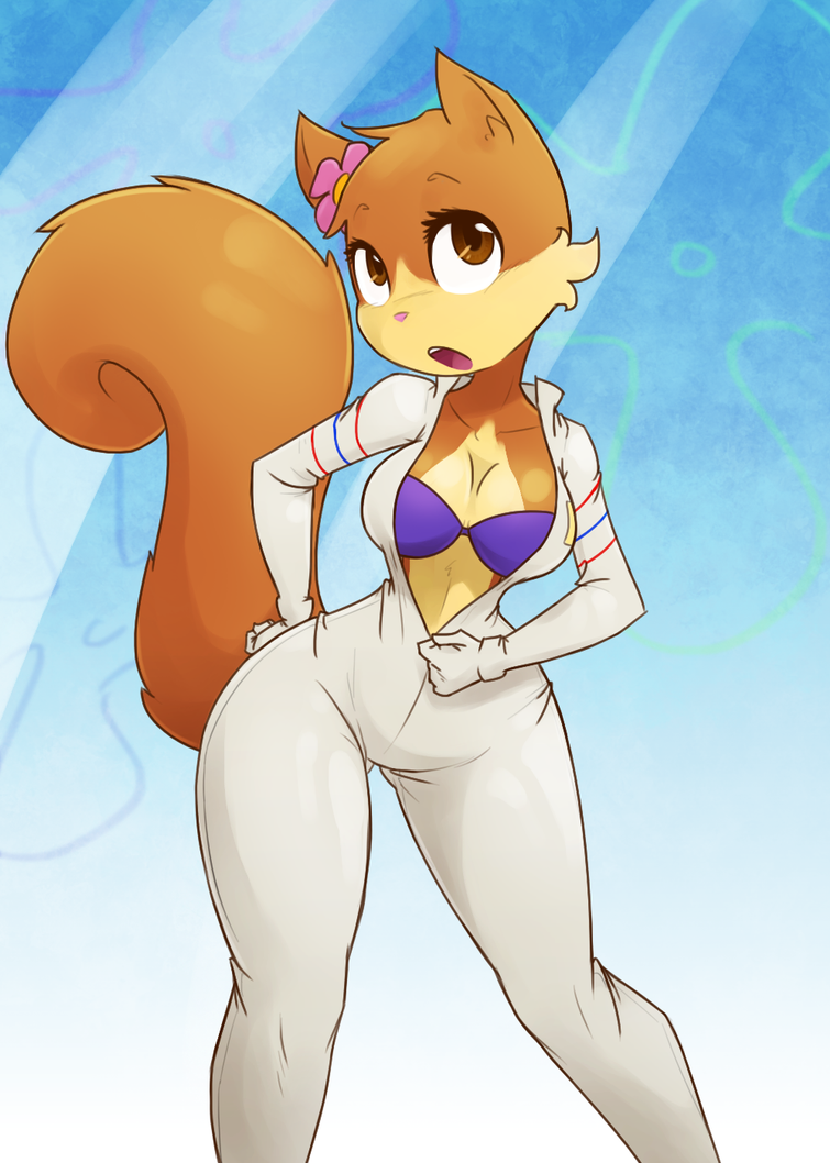 Sandy cheeks showing her pussy